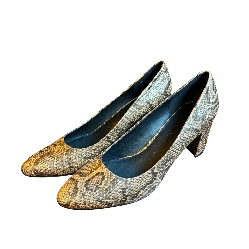 Aerosoles Womens 11 Gold Snakeskin Embossed Pointed Toe Block Heel Pumps Shoes